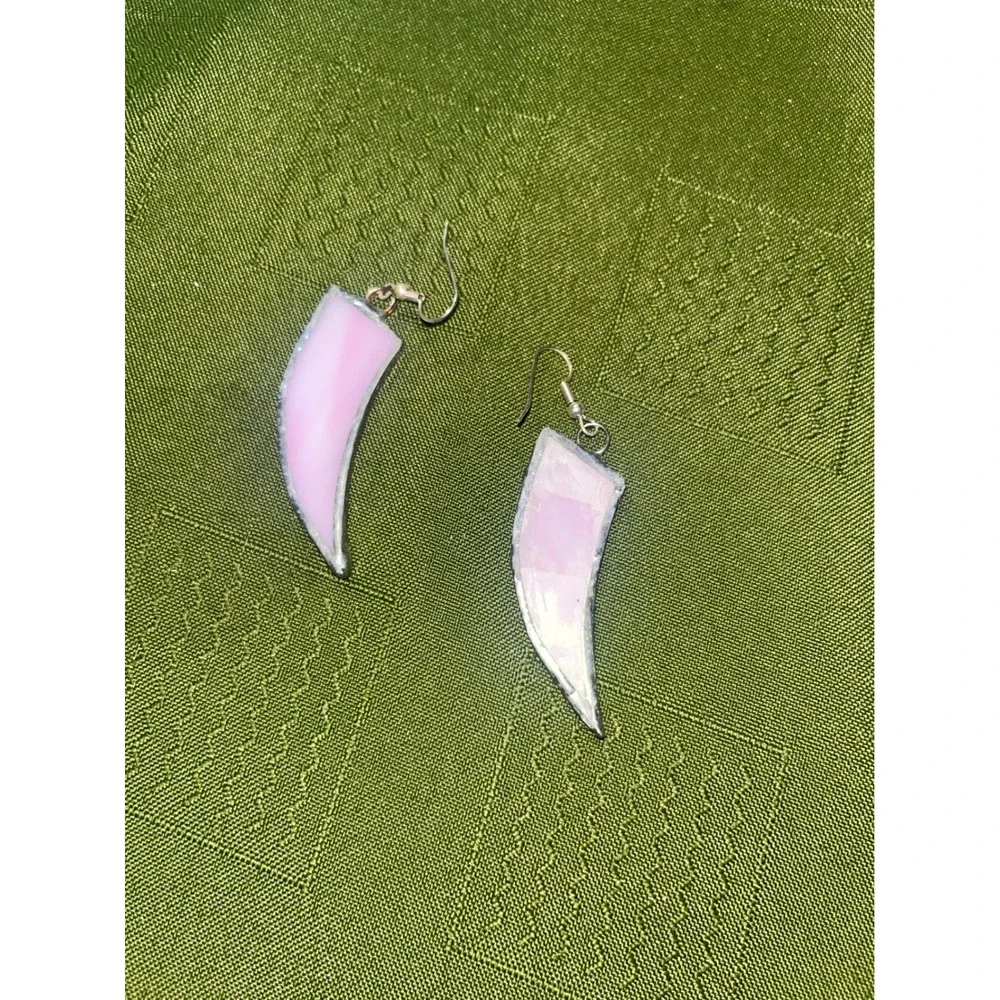 Handmade Stained Glass Tusk Earrings Pink Marbled Claw Dangle Artisan Jewelry